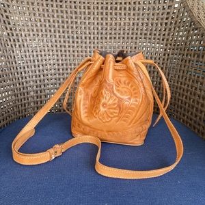 Tan carved floral leather drawstring handbag crossbody small medium